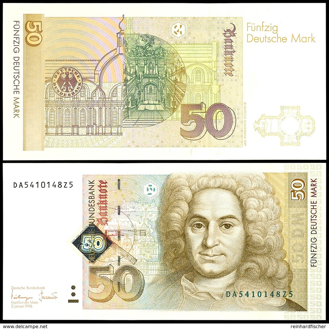 50 Deutsche Mark, Bundesbanknote, 2.1.1996, Serie DA5410148Z5, Ro. 309 A, Minimaler Bug Oben Und Unten, Erhaltung II., K - Sonstige & Ohne Zuordnung