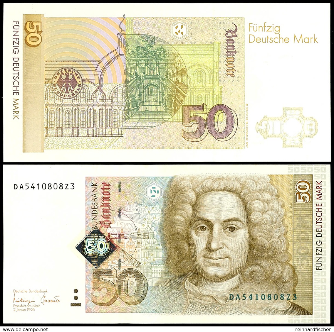 50 Deutsche Mark, Bundesbanknote, 2.1.1996, Serie DA5410808Z3, Ro. 309 A, Minimaler Bug Unten, Erhaltung II., Katalog: R - Other & Unclassified