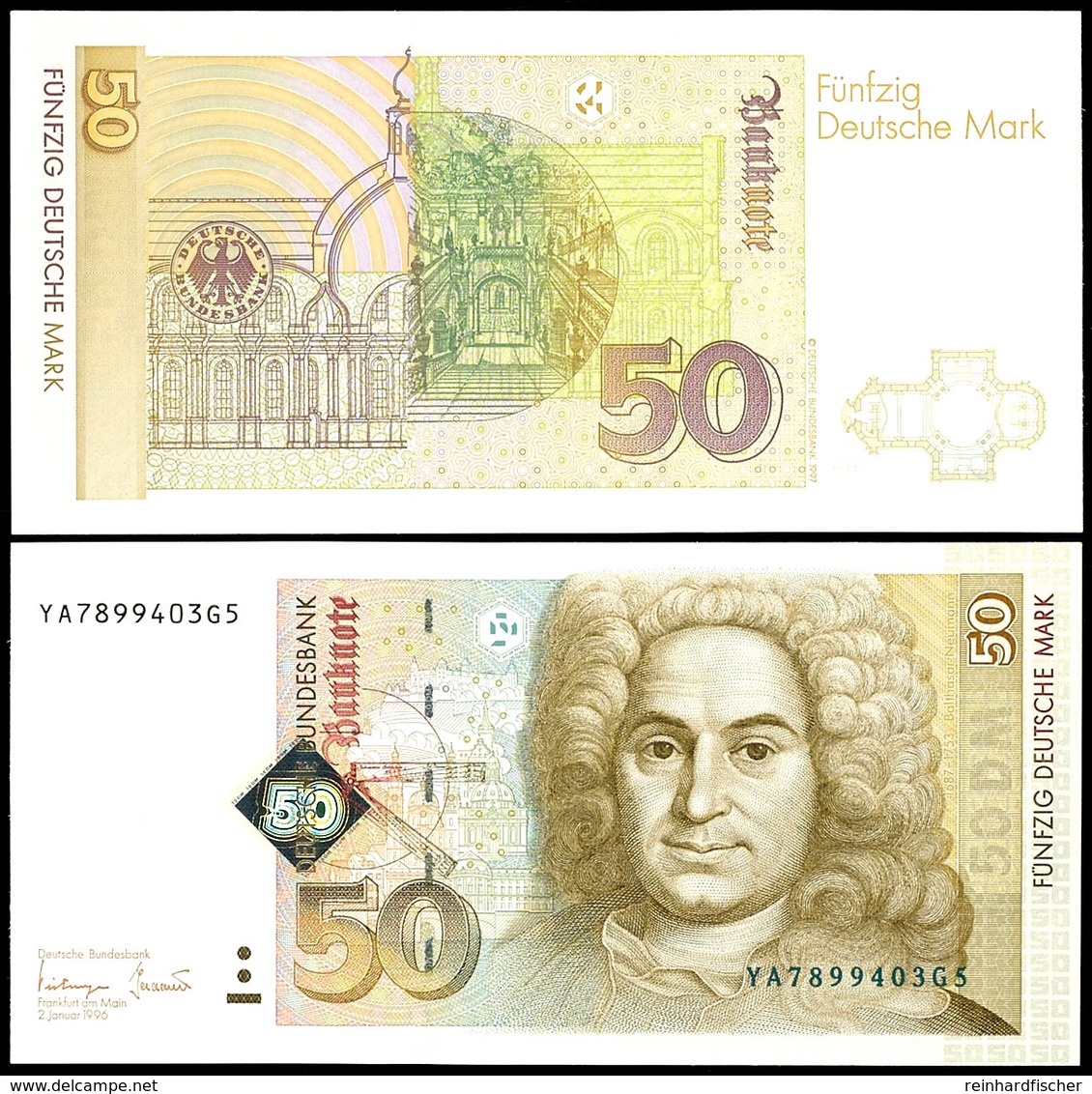 50 Deutsche Mark, Bundesbanknote, 2.1.1996, Austauschnote, Serie YA7899403G5, Ro. 309 B, Minimaler Bug Unten, Erhaltung  - Other & Unclassified