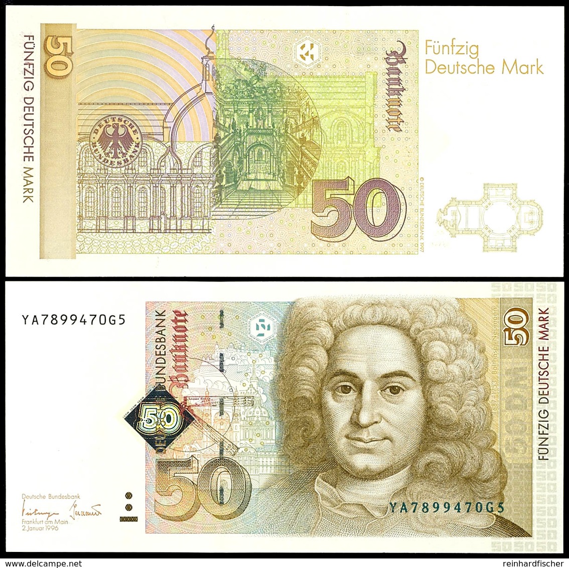 50 Deutsche Mark, Bundesbanknote, 2.1.1996, Austauschnote, Serie YA7899470G5, Ro. 309 B, Minimaler Bug Unten, Erhaltung  - Sonstige & Ohne Zuordnung
