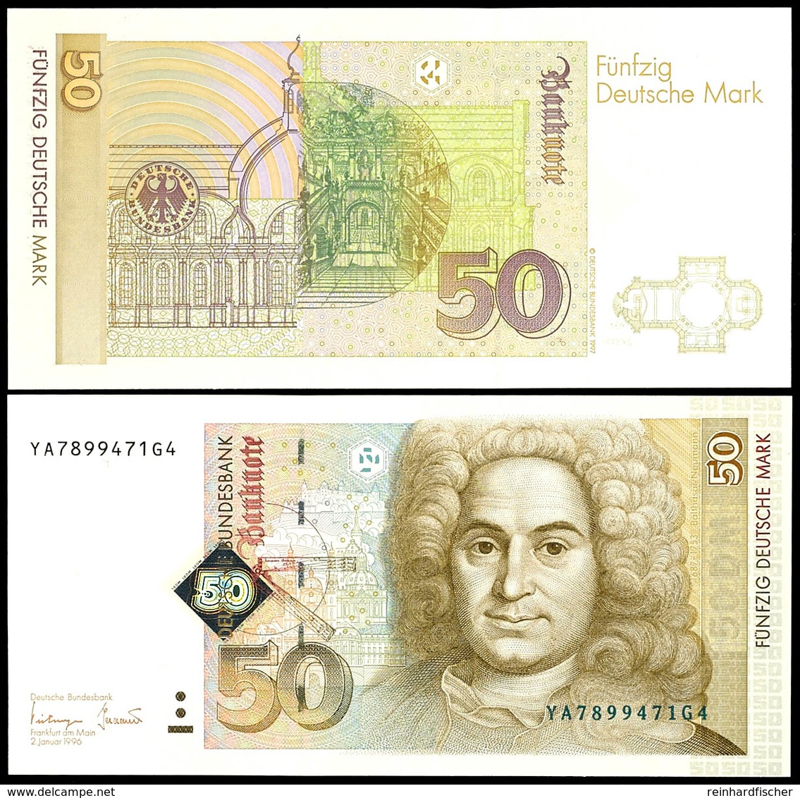 50 Deutsche Mark, Bundesbanknote, 2.1.1996, Austauschnote, Serie YA7899471G4, Ro. 309 B, Minimaler Bug Unten, Erhaltung  - Sonstige & Ohne Zuordnung