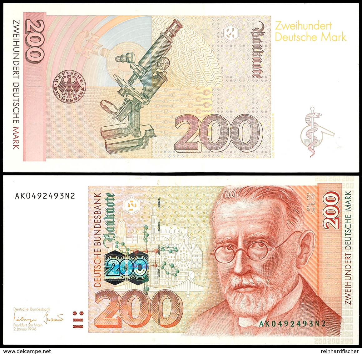 200 Deutsche Mark, Bundesbanknote, 2.1.1996, Serie AK0492493N2, Ro. 311 A, Erhaltung I-II., Katalog: Ro.311a I-II - Other & Unclassified