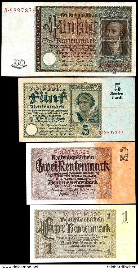 Deutsche Rentenbank 1923-1937, 4x Rentenbankscheinen In Den Wertstufen 1, 2, 5 Und 50 Rentenmark, Ro. 164 B, 165, 166 B  - Altri & Non Classificati