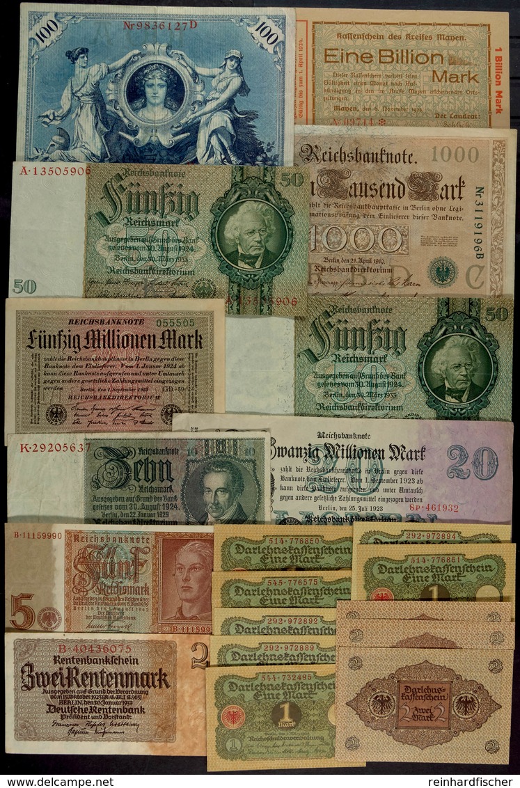 Deutsches Reich/Inflation, Kleines Lot Von 21x Reichsbanknoten Und Darlehenskassenscheinen, Darunter 1 Billion Mark Krei - Other & Unclassified