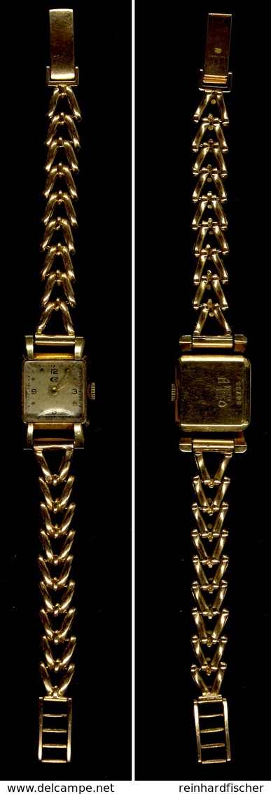 Damen Armbanduhr Von La Chaux-de-Fonds, Schweiz, Art Déco, Ca. 16 X 16mm, 18 K Gelbgold, Gehäuse Seitlich "Helvetia" Pun - Altri & Non Classificati