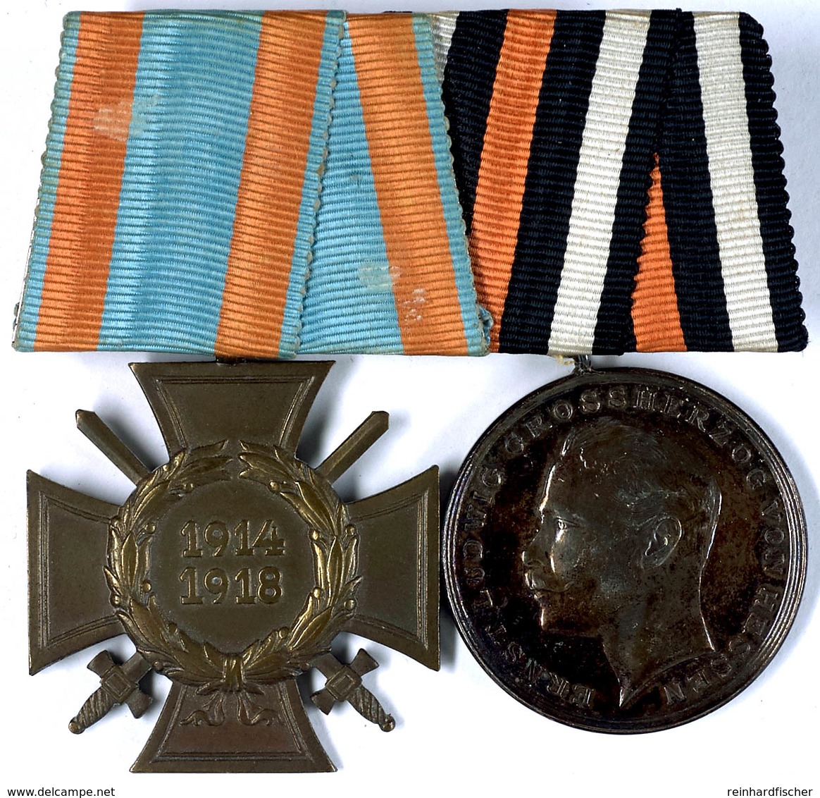 Ordensschnalle Eines Soldaten Im 1. Weltkrieg Mit Hessen, Allgemeines Ehrenzeichen, Silbermedaille "FÜR TAPFERKEIT" Erns - Altri & Non Classificati