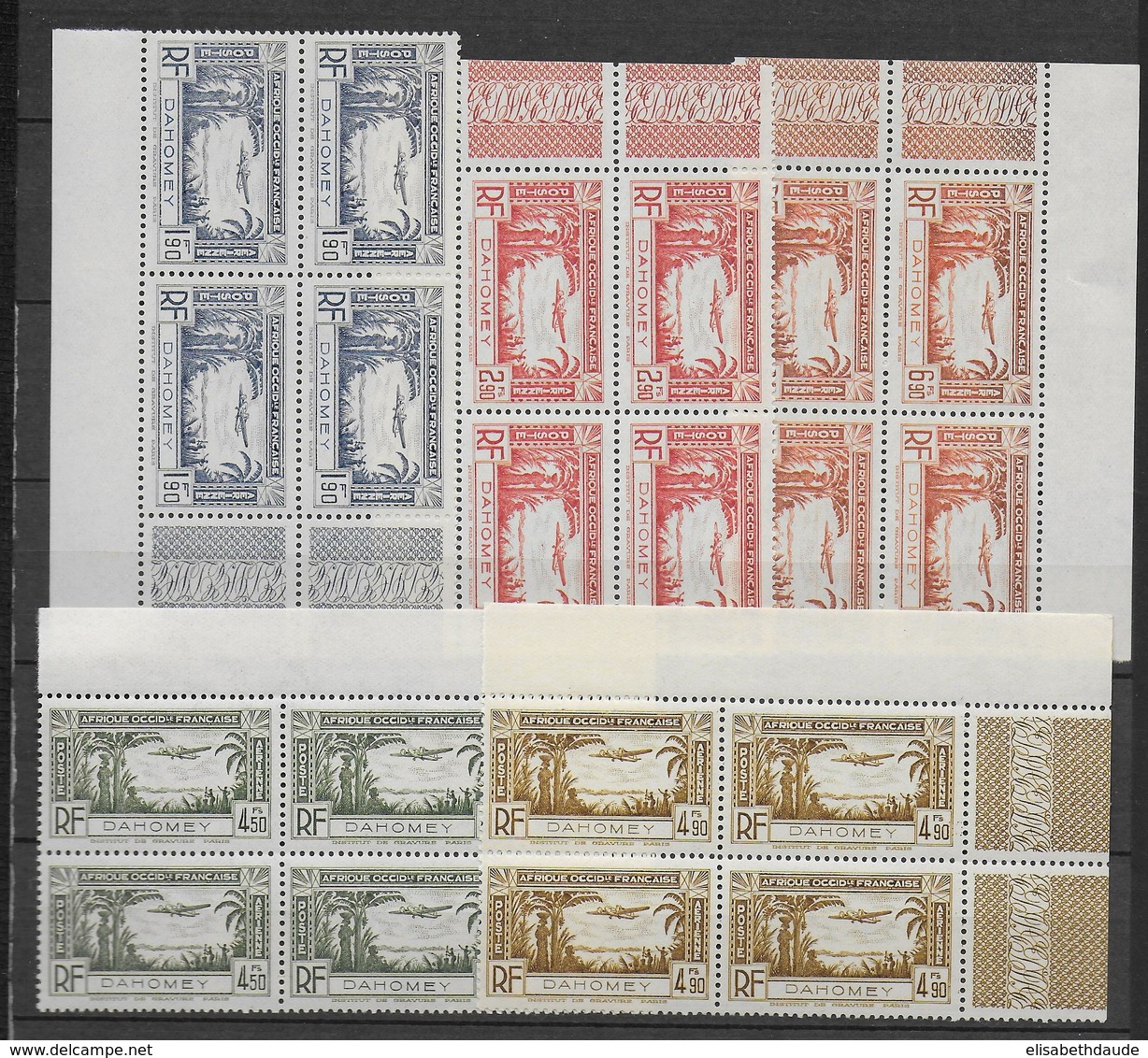 DAHOMEY - 1940 - POSTE AERIENNE YVERT 1/5 ** MNH BLOCS De 4 BORD DE FEUILLE  - COTE = 19 EUR - Unused Stamps