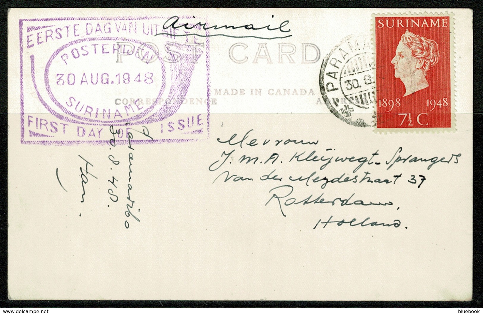 Ref 1238 - 1948 Airmail Postcard Canoe - Dutch Guiana Suriname Surinam - 7 1/2c First Day Of Issue - Surinam