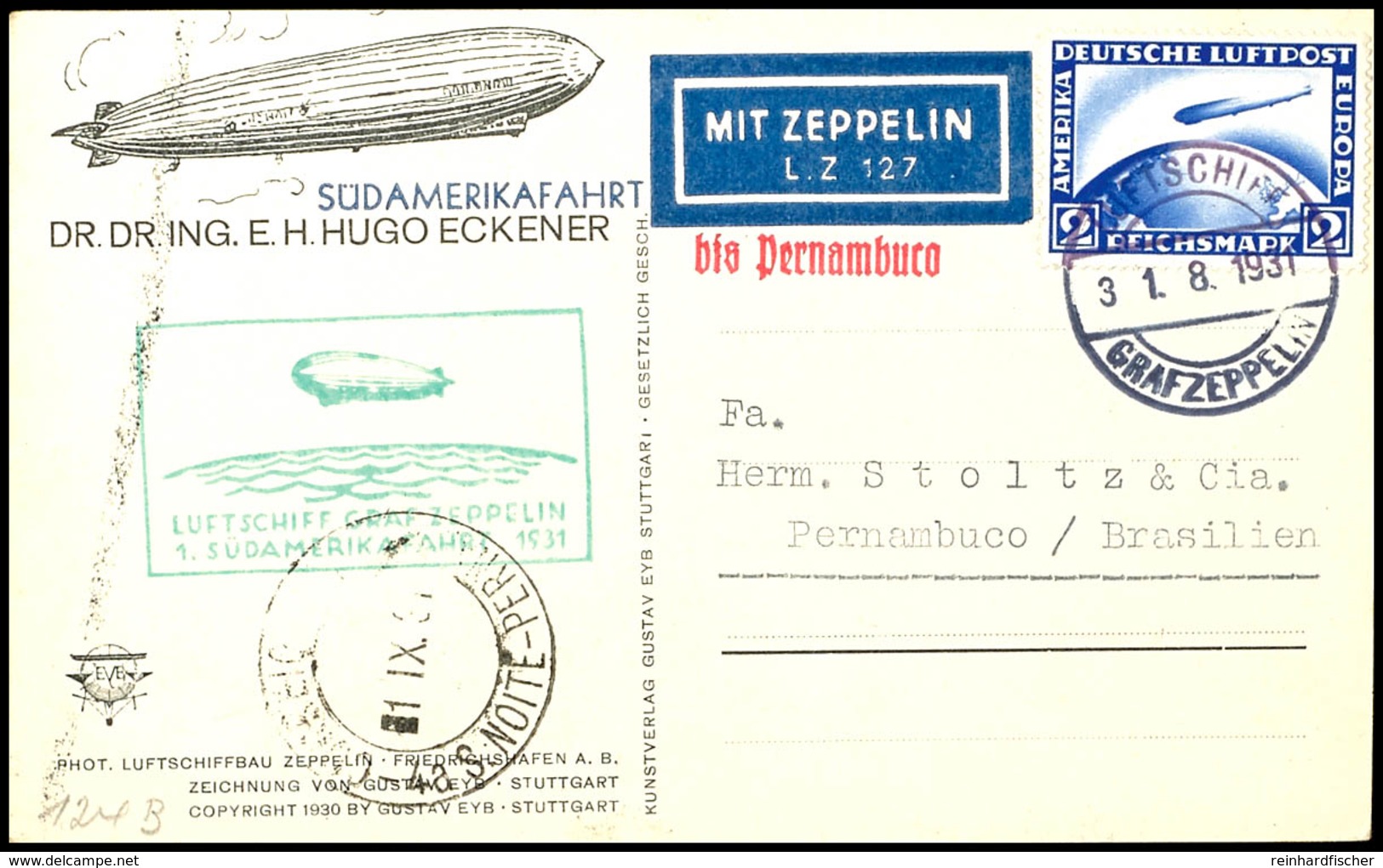 1931, 1. Südamerikafahrt, Bordpost, Fotokarte Mit 2 RM. Zeppelin Vom LUFTSCHIFF GRAF ZEPPELIN 31.8.1931 Nach Pernambuco  - Altri & Non Classificati