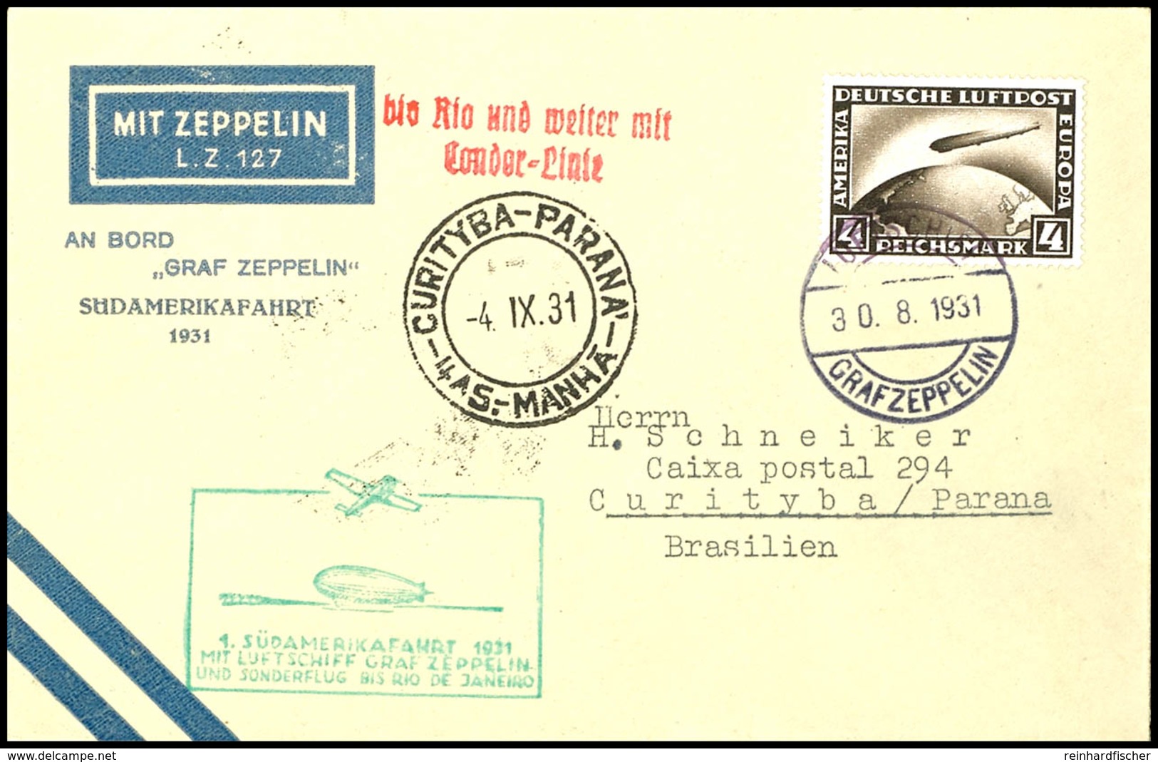 1931, 1. Südamerikafahrt, Bordpost Vom 30.8. Bis Rio De Janeiro Mit Best.-Stempel II, Brief Mit 5 RM Zeppelin Und Allen  - Other & Unclassified