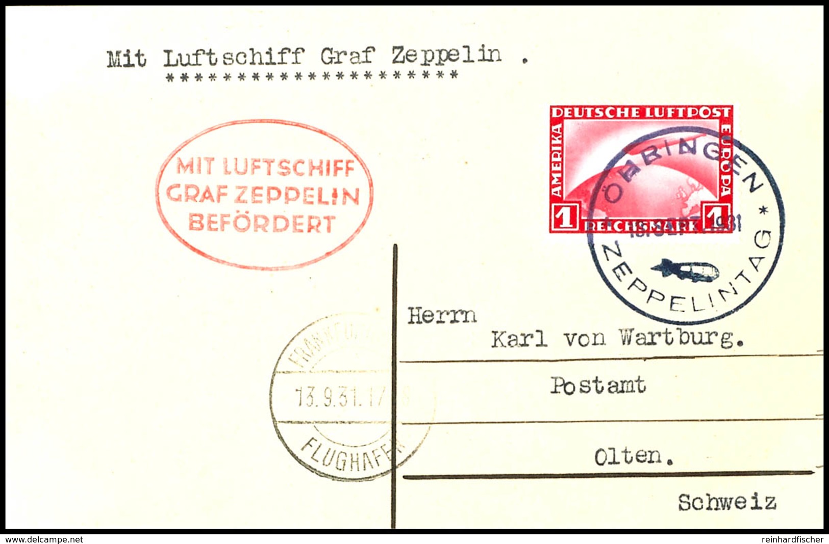 1931, Fahrt Öhringen - Frankfurt, Karte Mit Postsonderstempel ÖHRINGEN ZEPPELINTAG Und 1 RM Zeppelin Und Vorderseitigem  - Altri & Non Classificati