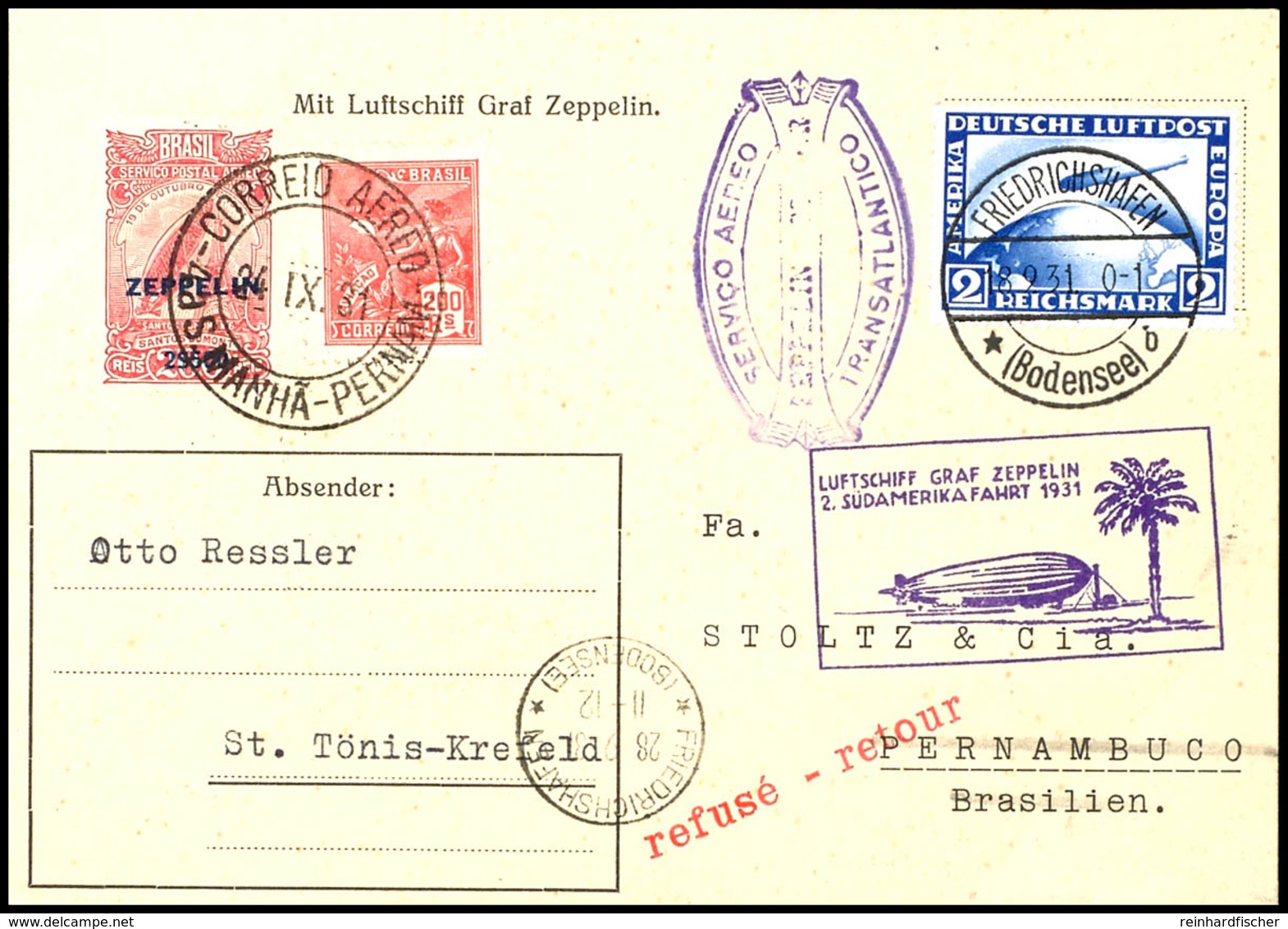 1931, 2. Südamerikafahrt, Hin- Und Rückfahrt Mit Werbestempel, Karte Mit 2 RM. Zeppelin Von "FRIEDRICHSHAFEN 18.9.31" Un - Altri & Non Classificati