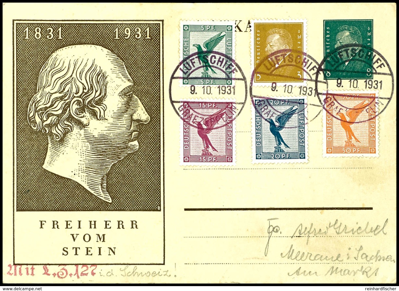 1931, Kurzfahrt In Die Schweiz Mit Bordpost Vom 9.10., 8 Pfg. Sonder-Ganzsachenkarte Mit Bunter Zufrankatur Nach Meerane - Altri & Non Classificati