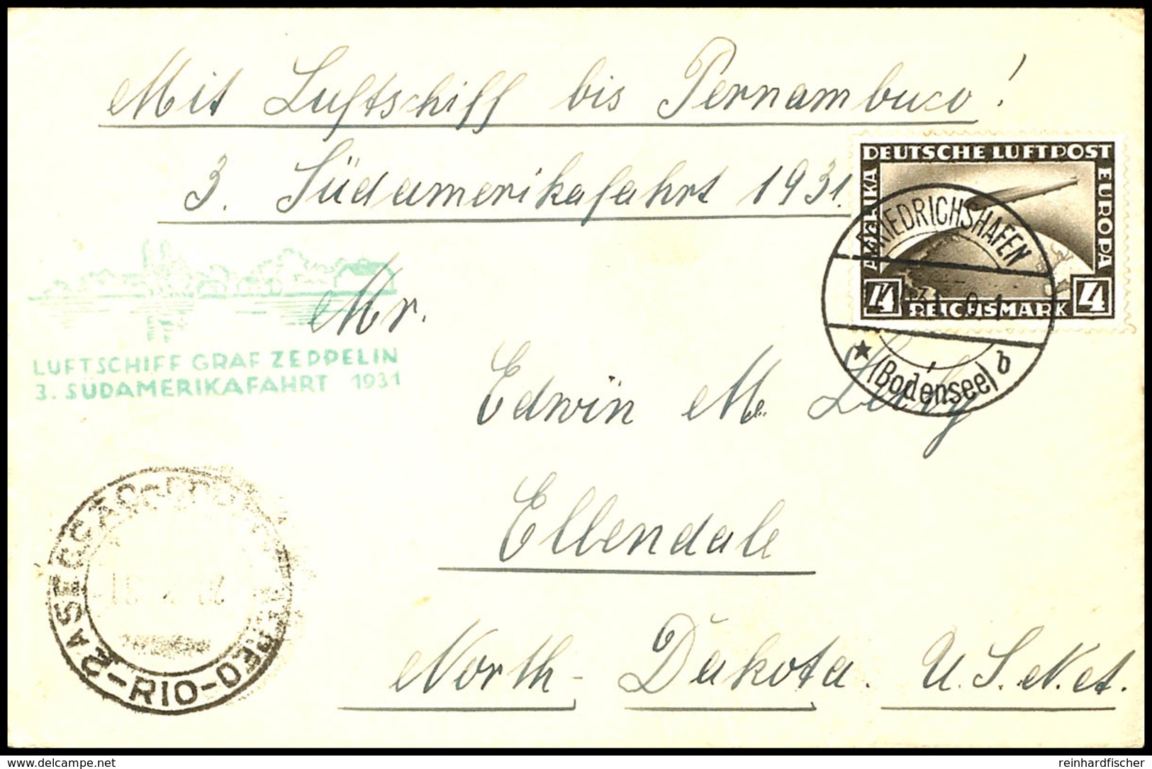 1931, 3. Südamerikafahrt, Auflieferung Friedrichshafen Bis Rio De Janeiro, Brief Mit 4 M. Zeppelin Und Vorderseitigem An - Other & Unclassified