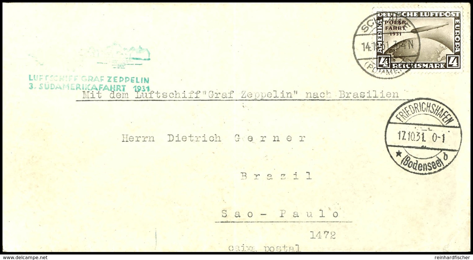 1931, 3. Südamerikafahrt, Auflieferung Friedrichshafen, Brief Mit 4 RM. Polarfahrt Von "SCHLAWE 14.10.31" Und Aufgabeste - Other & Unclassified