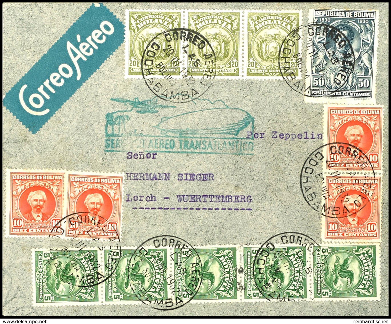 1932, 2. Südamerikafahrt, Bolivianische Post Mit Grünem Brasil. Best.-Stempel Und Rückseitigem Ra2 "Primer Correo Aereo  - Other & Unclassified