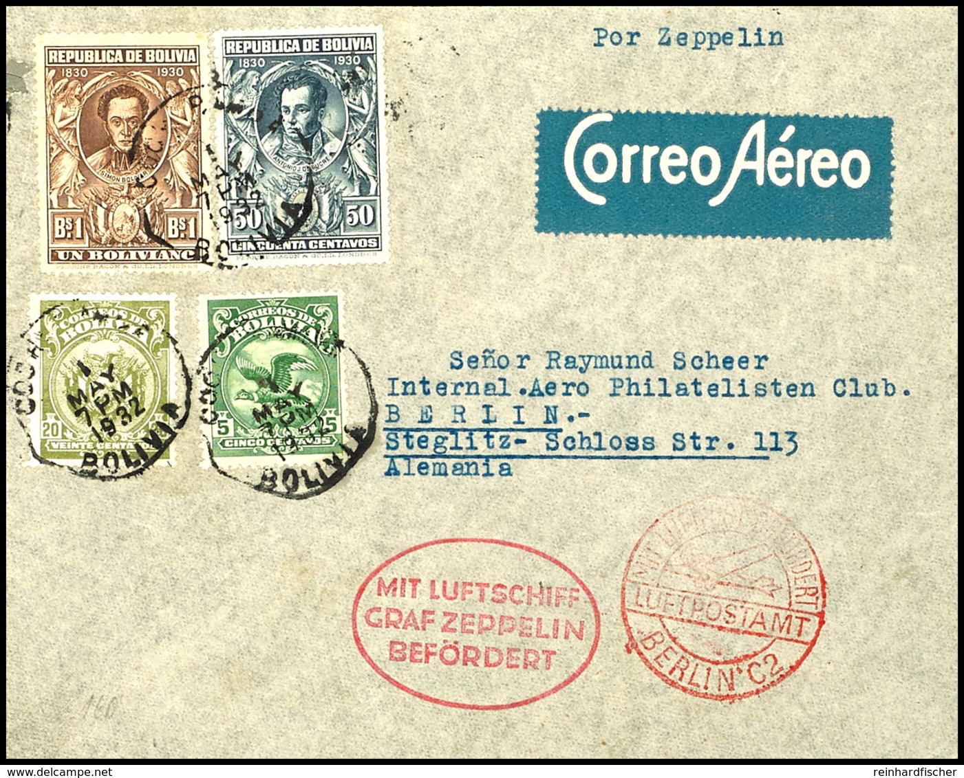 1932, 4. Südamerikafahrt, Bolivianische Post Mit Rotem Dt. Best.-Stempel, Brief Mit Bunter Frankatur Nach Berlin, Umschl - Other & Unclassified