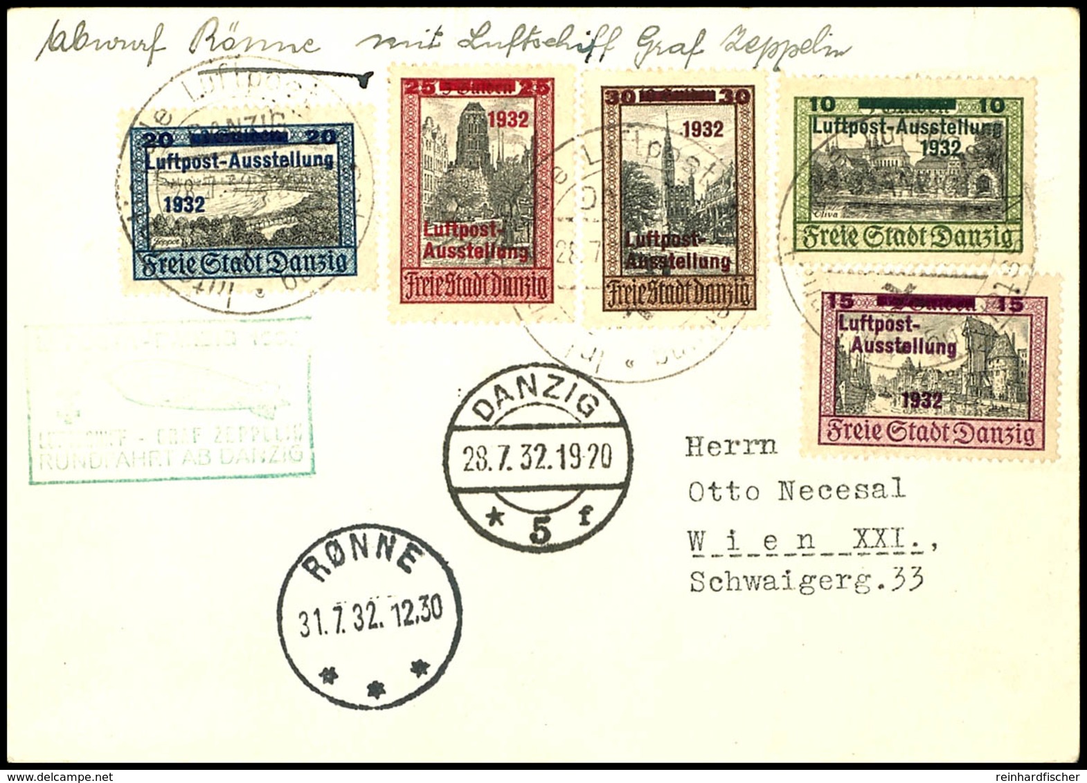 1932, LUPOSTA-Fahrt, Danziger Post Der Rundfahrt Mit Abwurf Ronne, Karte Mit Kpl. Luposta-Satz Und SST Vom 28.7., Adress - Other & Unclassified