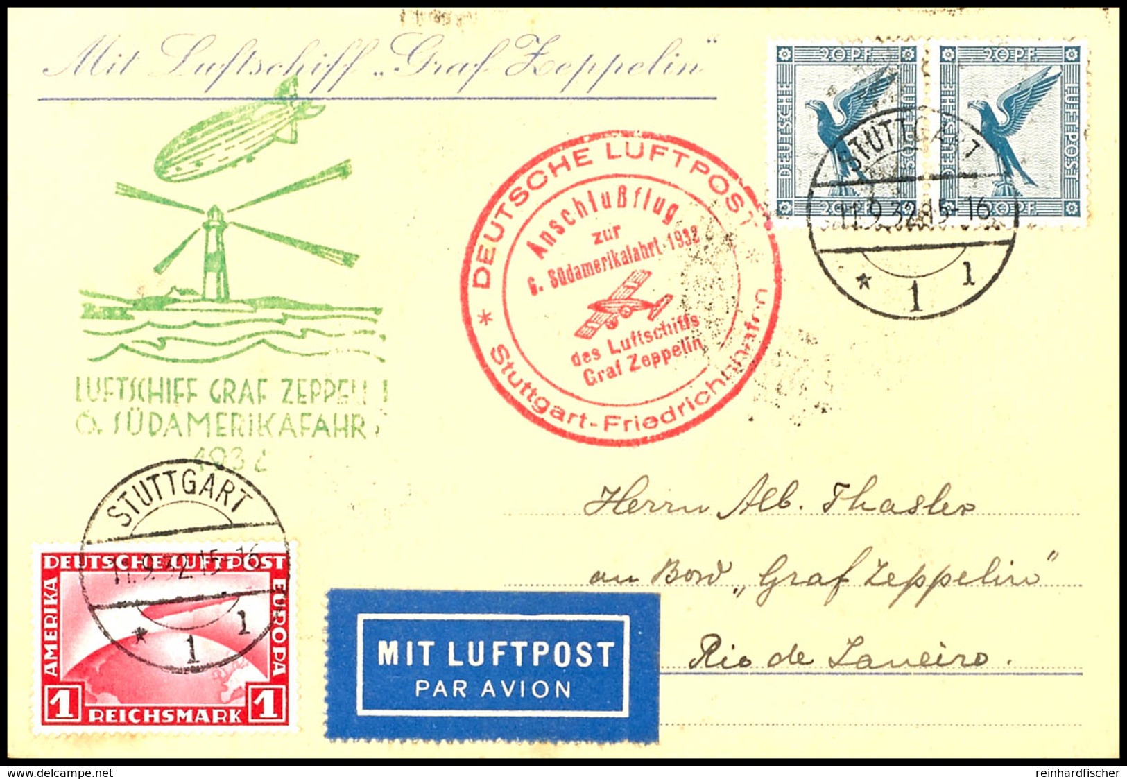 1932, 6. Südamerikafahrt Mit Anschlussflug Stuttgart Bis Rio, Karte Mit U.a. 1 RM Zeppelin Und Allen Stempeln, Pracht, K - Other & Unclassified