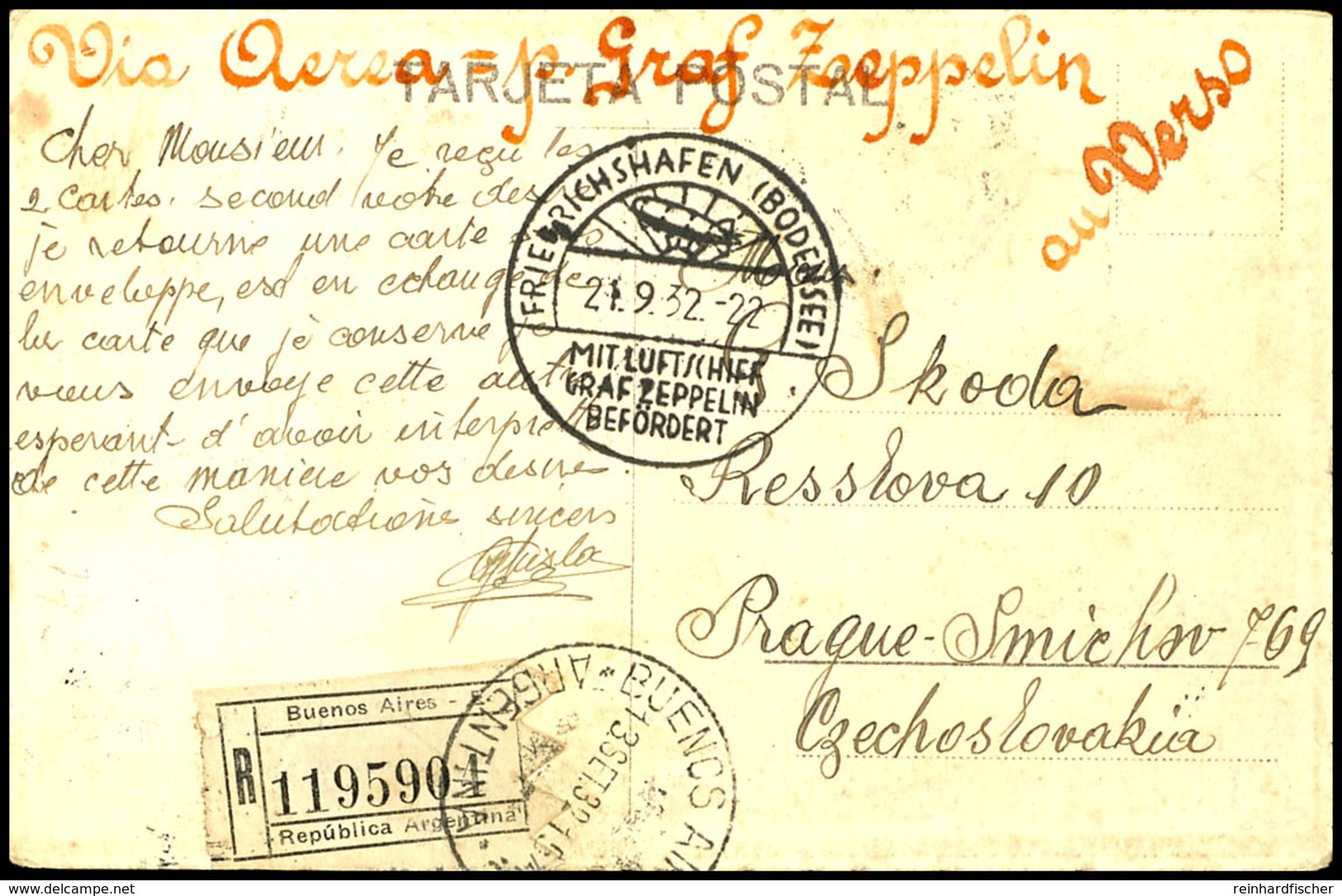 1932, 6. Südamerikafahrt, Argentinische Post, R-Karte Mit Rückseitig U.a. 90 C. Zeppelin Und Allen Stempeln Sowie Viel T - Other & Unclassified