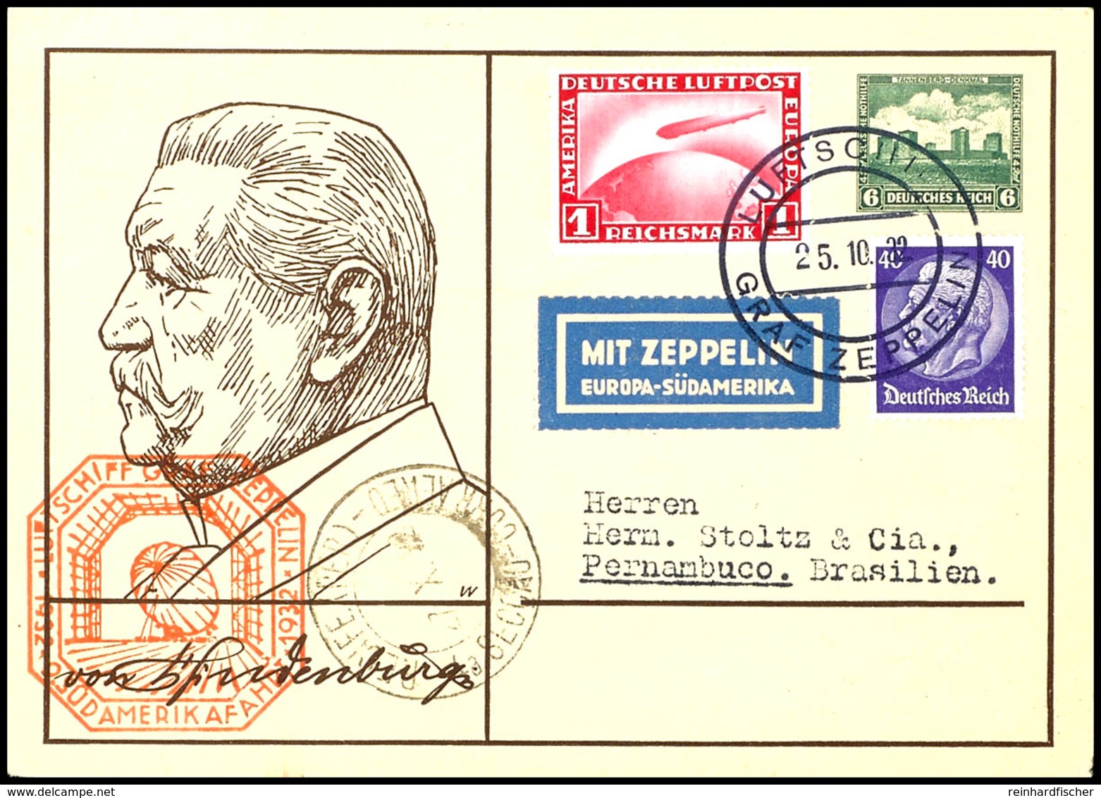 1932, 9. Südamerikafahrt, Bordpost Vom 25.10. Bis Recife, Ganzsachenkarte Mit U.a. 1 RM Zeppelin Und Allen Stempeln, Pra - Altri & Non Classificati