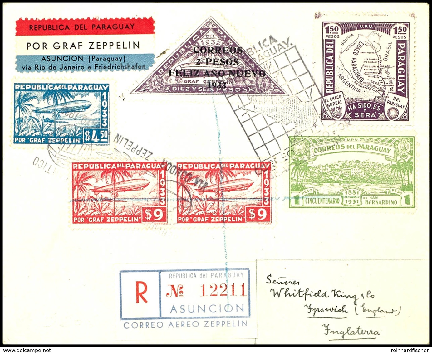 1933, 1. Südamerikafahrt, Paraguayische Post, R-Brief Mit Zeppelinmarken 4 P, 9 P. (2) Und  2 P. Auf  16 P. Nach England - Other & Unclassified