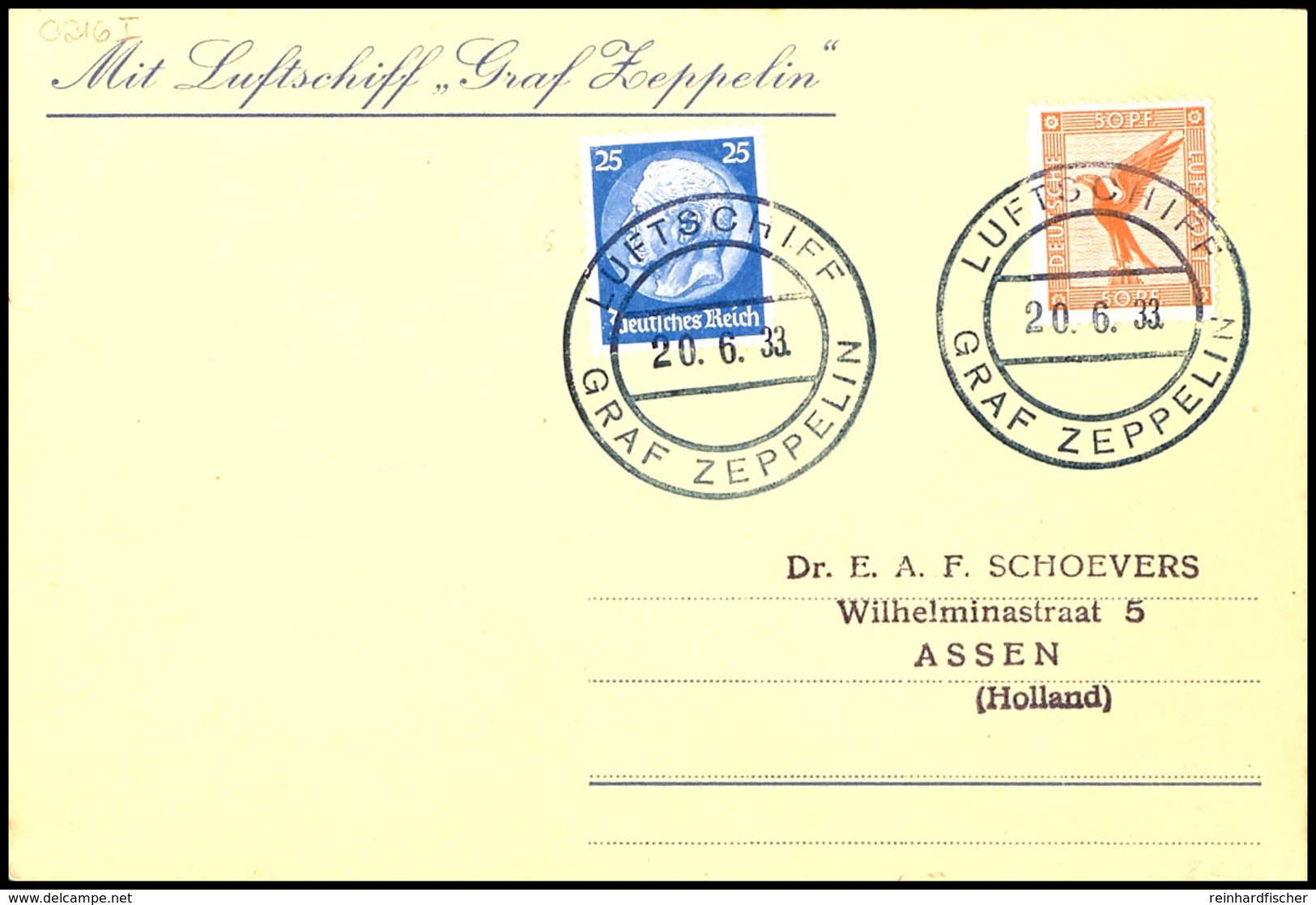1933, Kurzfahrt In Die Schweiz, Bordpost Vom 20.6. Auf Karte Mit 50 Pfg. Adler Und 25 Pfg. Hindenburg, Adressiert Nach H - Other & Unclassified