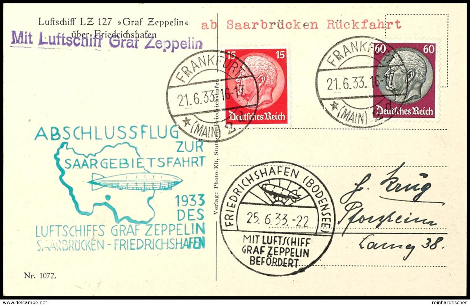 1933, Saargebietsfahrt, Auflieferung Frankfurt Mit Best.-Stempel Der Rückfahrt, Fotokarte Mit 60 Pfg. Und 15 Pfg. Hinden - Other & Unclassified