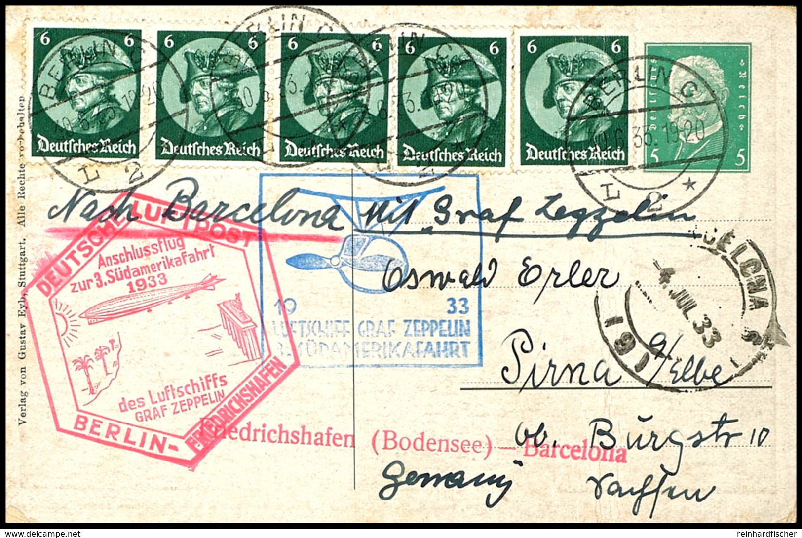 1933, 3. Südamerikafahrt, Anschlussflug Berlin Mit Abwurf Barcelona, 5 Pfg. Privat-Ganzsachenkarte "Bodensee Und Umgebun - Other & Unclassified