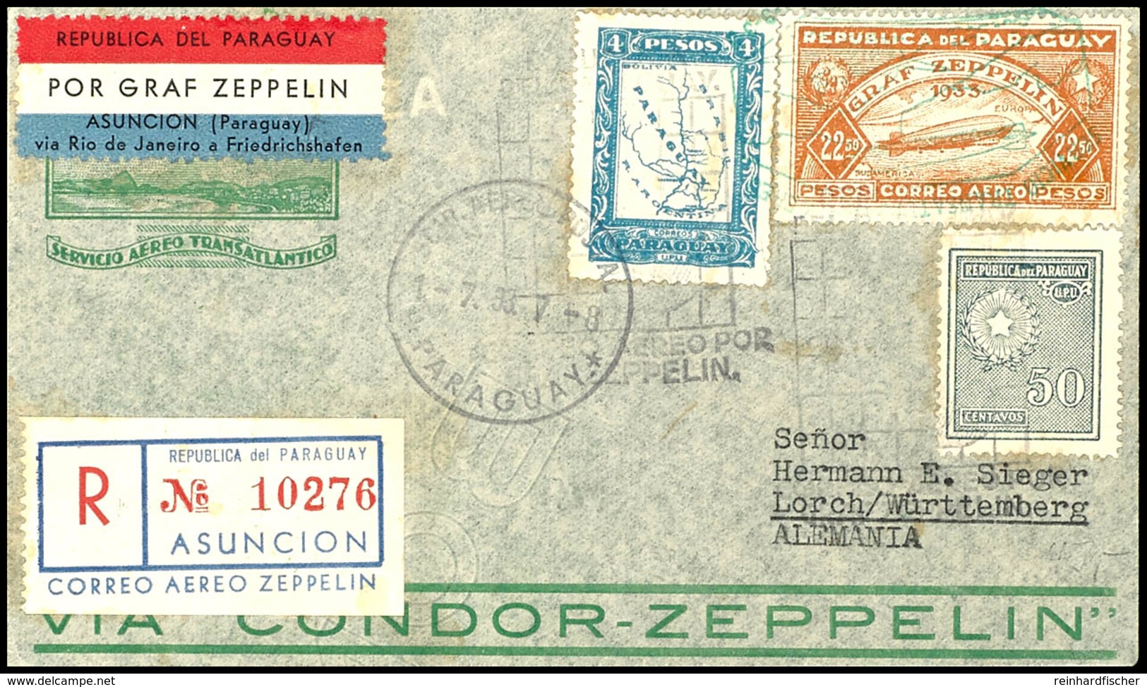 1933, 3. Südamerikafahrt, Paraguayische Post, R-Brief Mit U.a. 22,50 P. Zeppelinmarke Sowie Allen Stempeln Nach Deutschl - Altri & Non Classificati