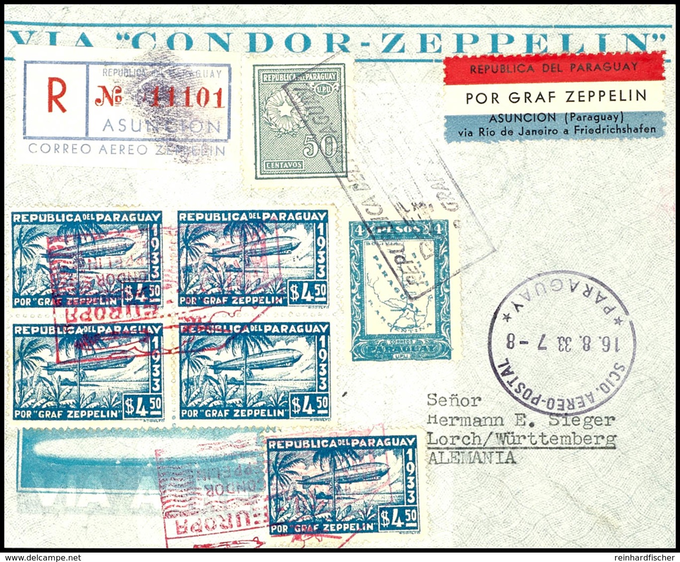 1933, 5. Südamerikafahrt, Paraguayische Post, R-Brief Mit U.a. Viererblock Und Einzelwert 4,50 P. Zeppelinmarke Sowie Al - Altri & Non Classificati