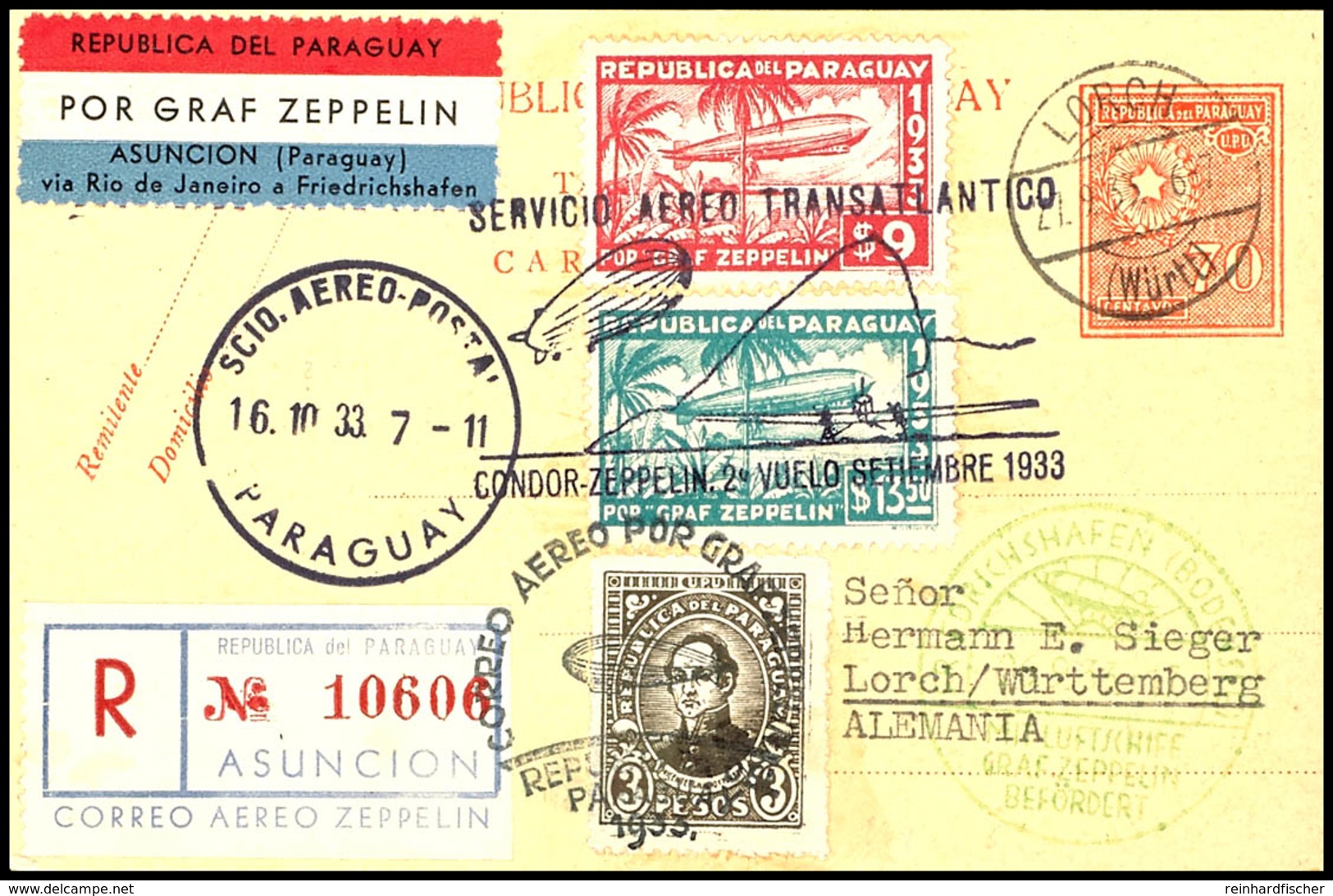 1933, 7. Südamerikafahrt, Paraguayische Post, R-Ganzsachenkarte Mit U.a. 9 P. Und 13,50 P. Zeppelinmarken Sowie Allen St - Altri & Non Classificati