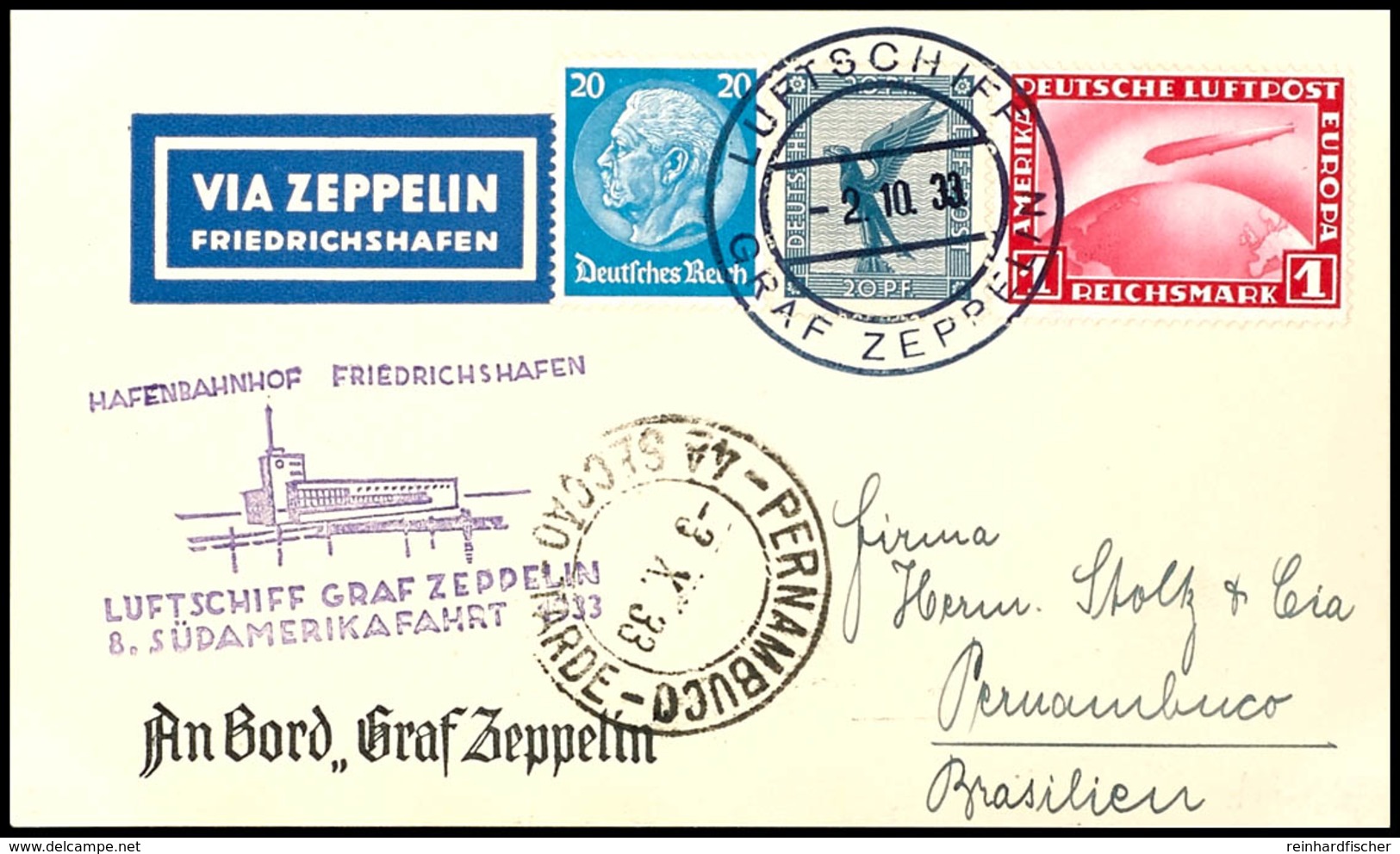 1933, 8. Südamerikafahrt, Bordpost Der Hinfahrt, Karte Mit 1 RM. Zeppelin Und Zusatzfrankatur Mit "LUFTSCHIFF GRAF ZEPPE - Other & Unclassified