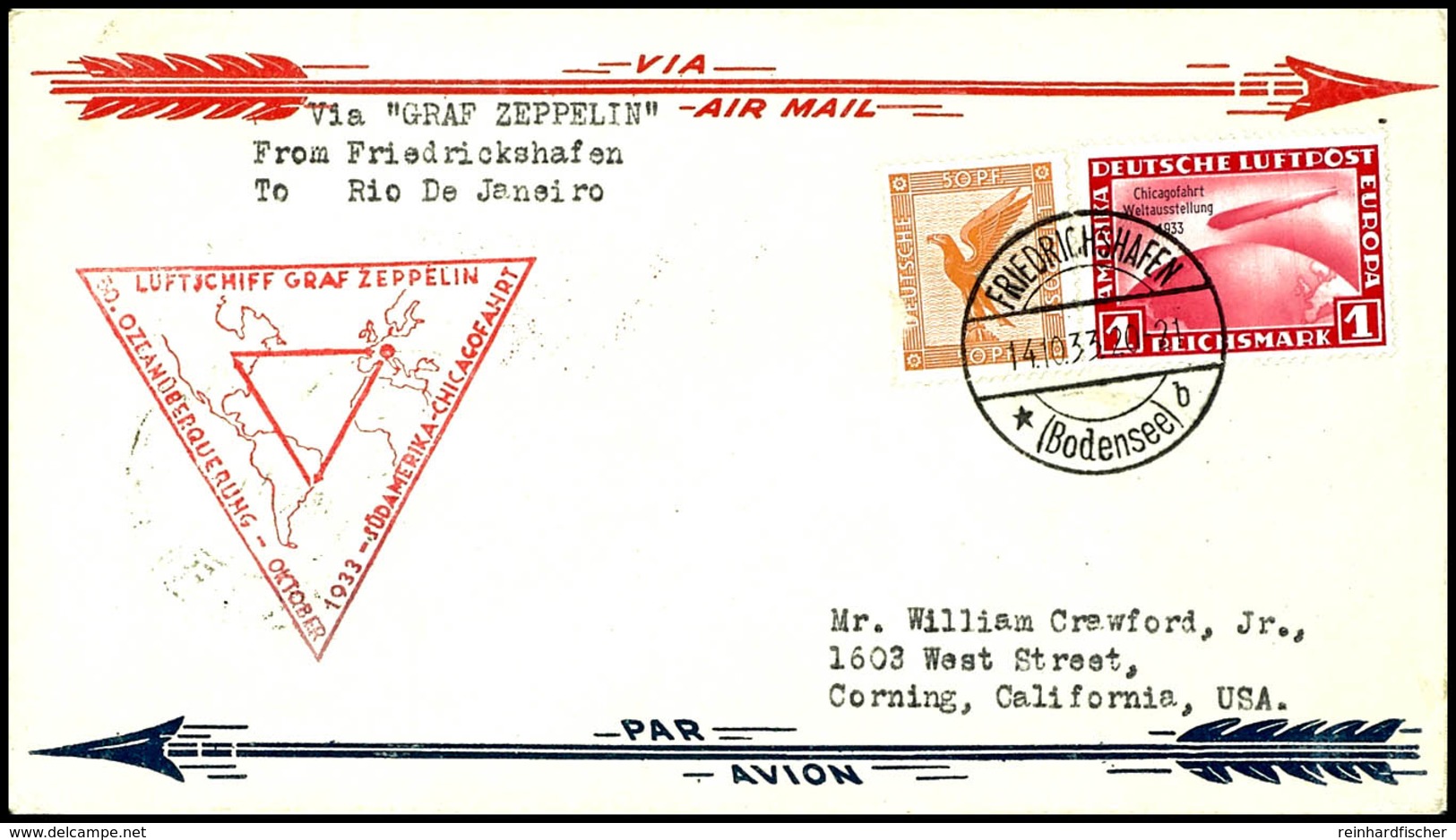 1933, Chicagofahrt, Auflieferung Friedrichshafen Bis Rio De Janeiro, Brief Mit U.a. 1 M. Chicagofahrt, Adressiert In Die - Other & Unclassified