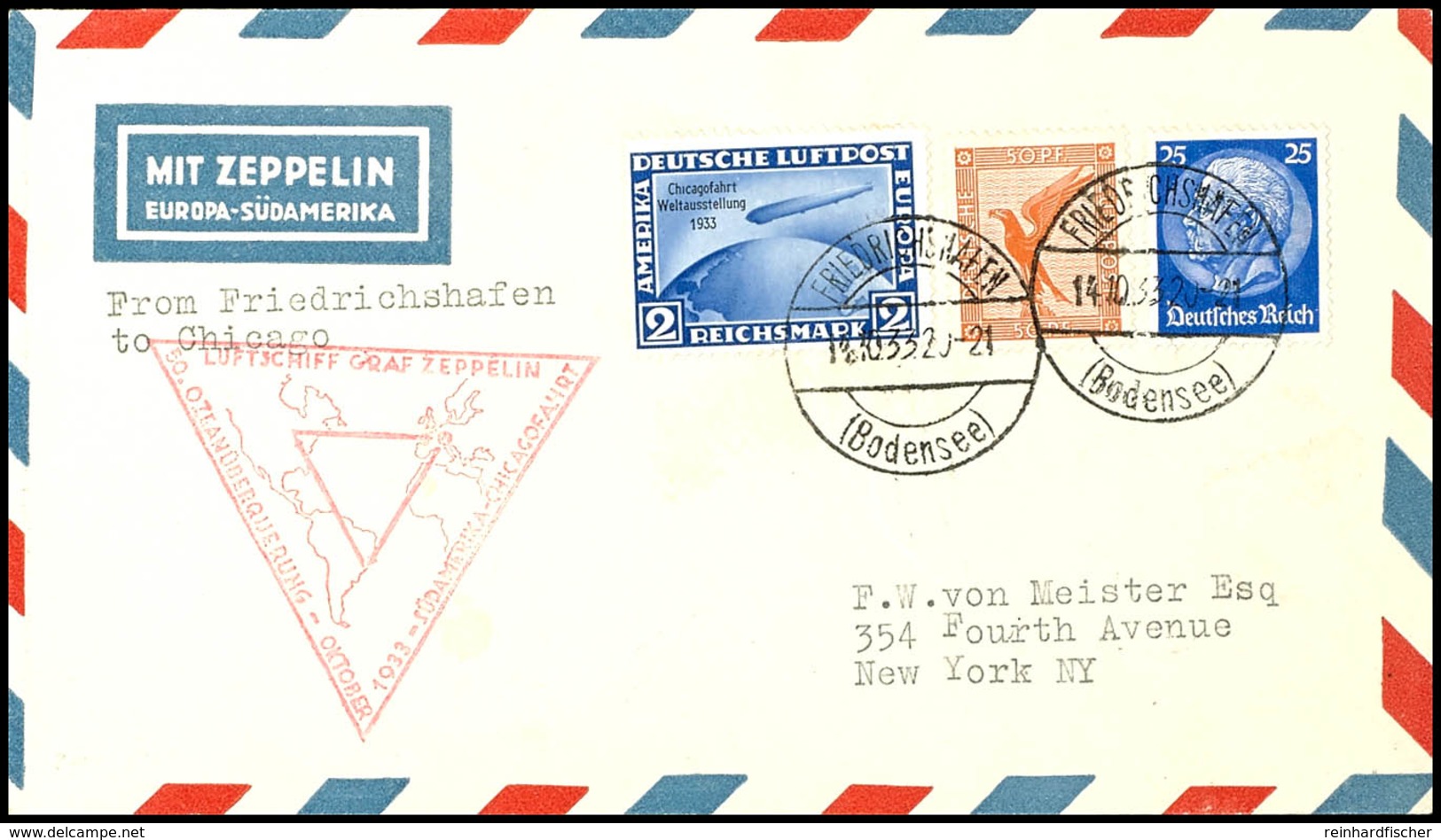 1933, Chicagofahrt, Auflieferung Friedrichshafen Bis Chicago, Brief Mit U.a. 2 M. Zeppelin Und Allen Stempeln, Tadellos, - Altri & Non Classificati