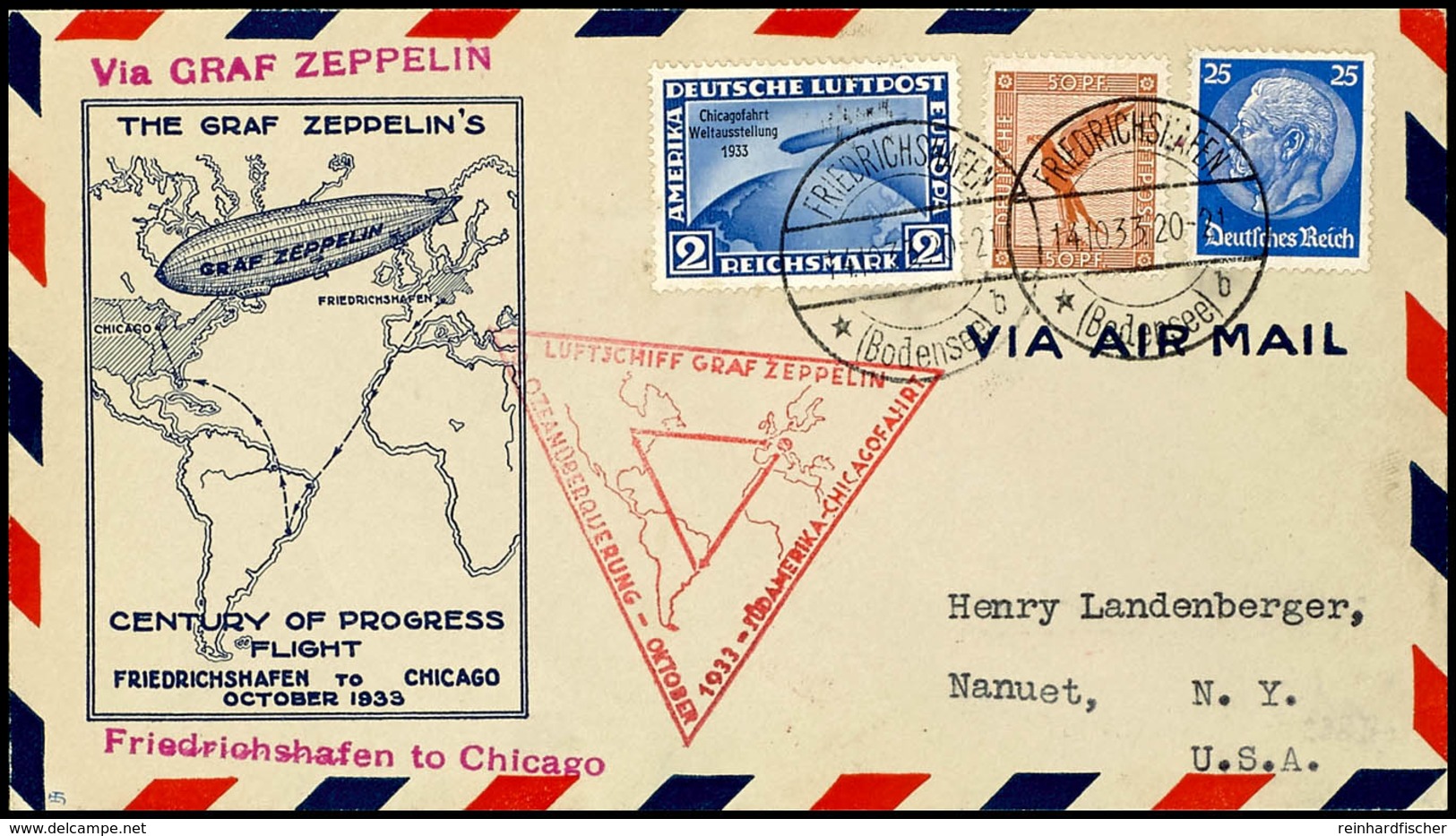 1933, Chicagofahrt, Auflieferung Friedrichshafen Bis Chicago, Vordruckbrief Mit U.a. 2 M. Chicagofahrt Und Allen Stempel - Other & Unclassified