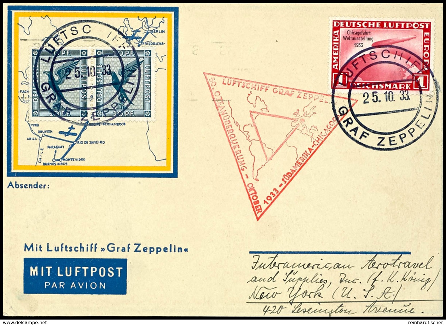 1933, Chicagofahrt, Bordpost Vom 25.10. (Etappe Akron - Chicago) Mit Ankunftstempel Chicago, Vordruckkarte Mit U.a. 1 M  - Other & Unclassified