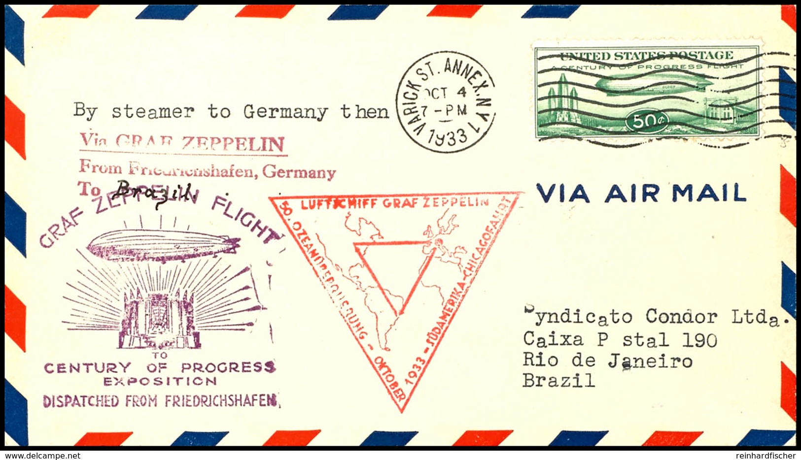 1933, Chicagofahrt, Amerikanische Post, New York - Friedrichshafen - Rio De Janeiro, Brief Aus VARICK ST. OCT.4. Mit 50  - Other & Unclassified