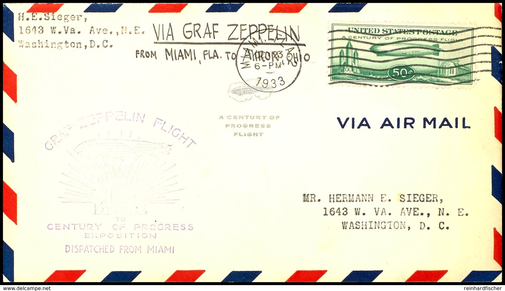 1933, Chicagofahrt, Amerikanische Post, Miami - Akron, Brief Aus MIAMI OCT.23. Mit 50 C. Sondermarke Und Allen Stempeln, - Altri & Non Classificati
