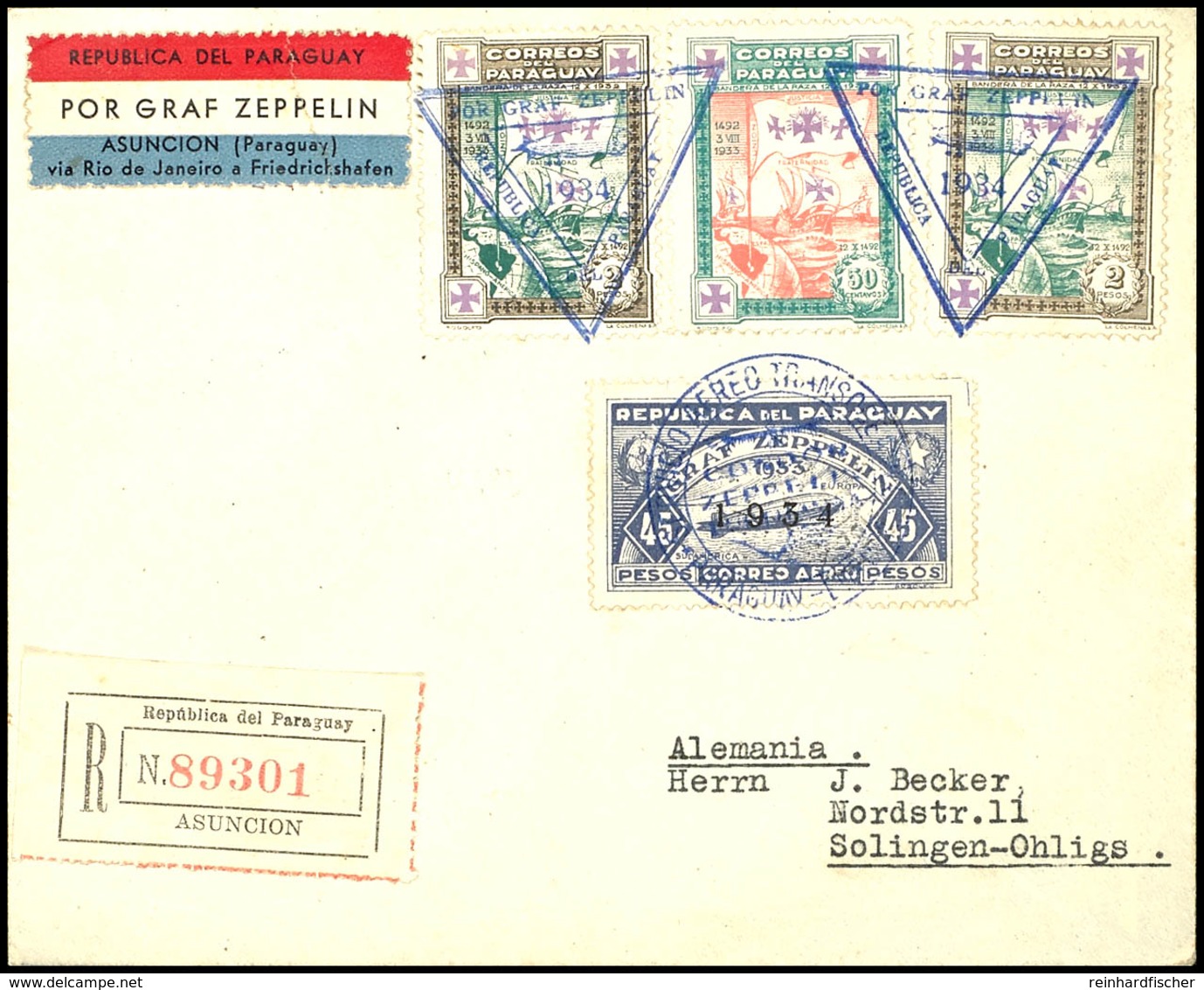 1934, 2. Südamerikafahrt, Paraguayische Post, R-Brief Mit U.a. 45 P. Zeppelinmarke 1934 Sowie Allen Stempeln Nach Deutsc - Altri & Non Classificati