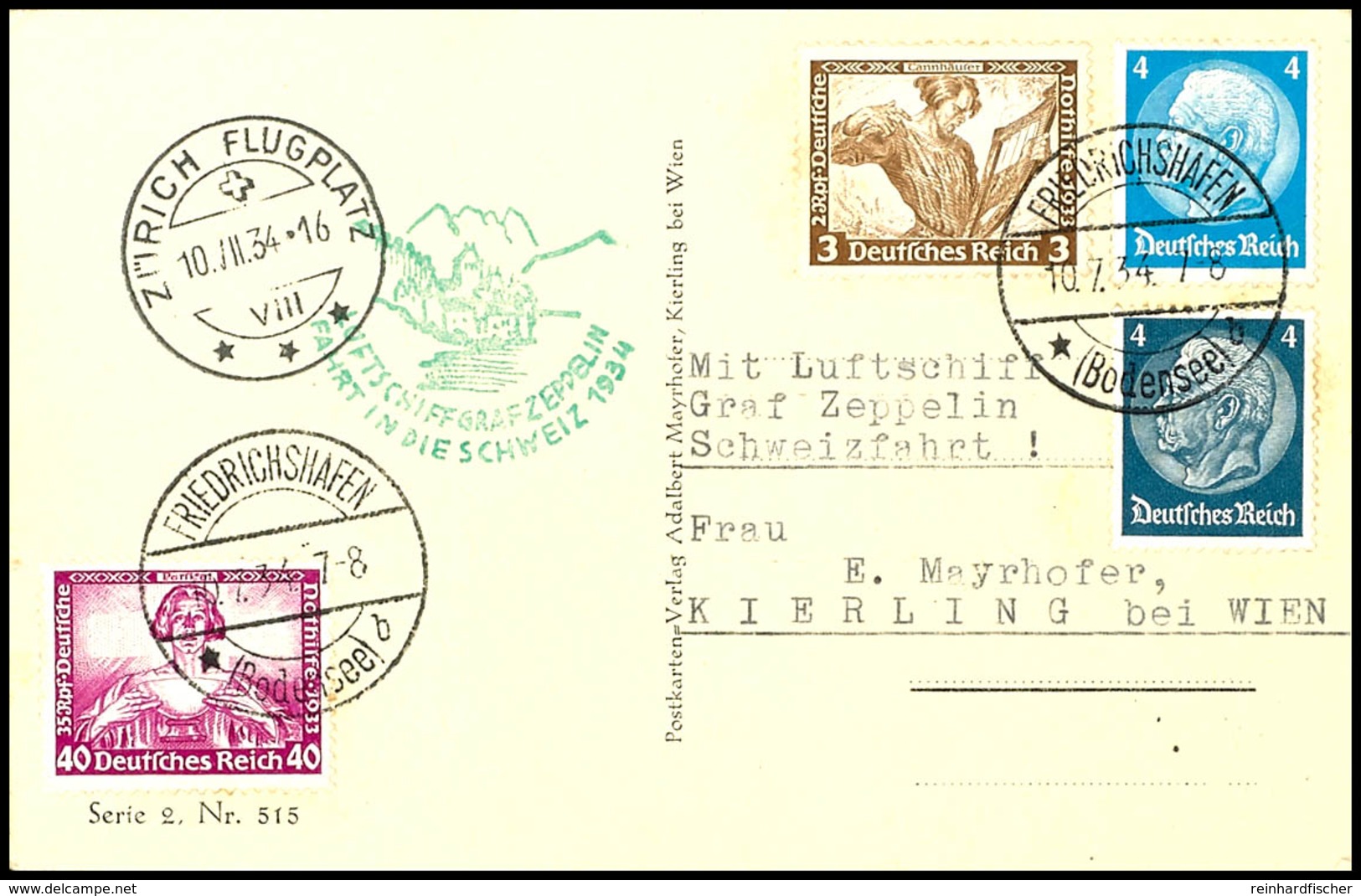 1934, Schweizfahrt, Auflieferung Friedrichshafen Mit Abwurf Zürich-Flughafen, Karte Mit Guter Frankatur (u.a. 40 Pfg. Wa - Altri & Non Classificati