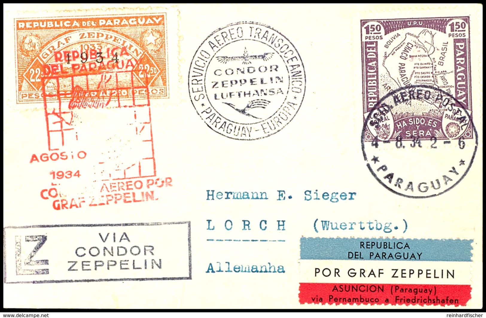1934, 5. Südamerikafahrt, Paraguayische Post, Karte Mit 22,50 P.  Zeppelinmarke 1934 Sowie Allen Stempeln Nach Deutschla - Altri & Non Classificati
