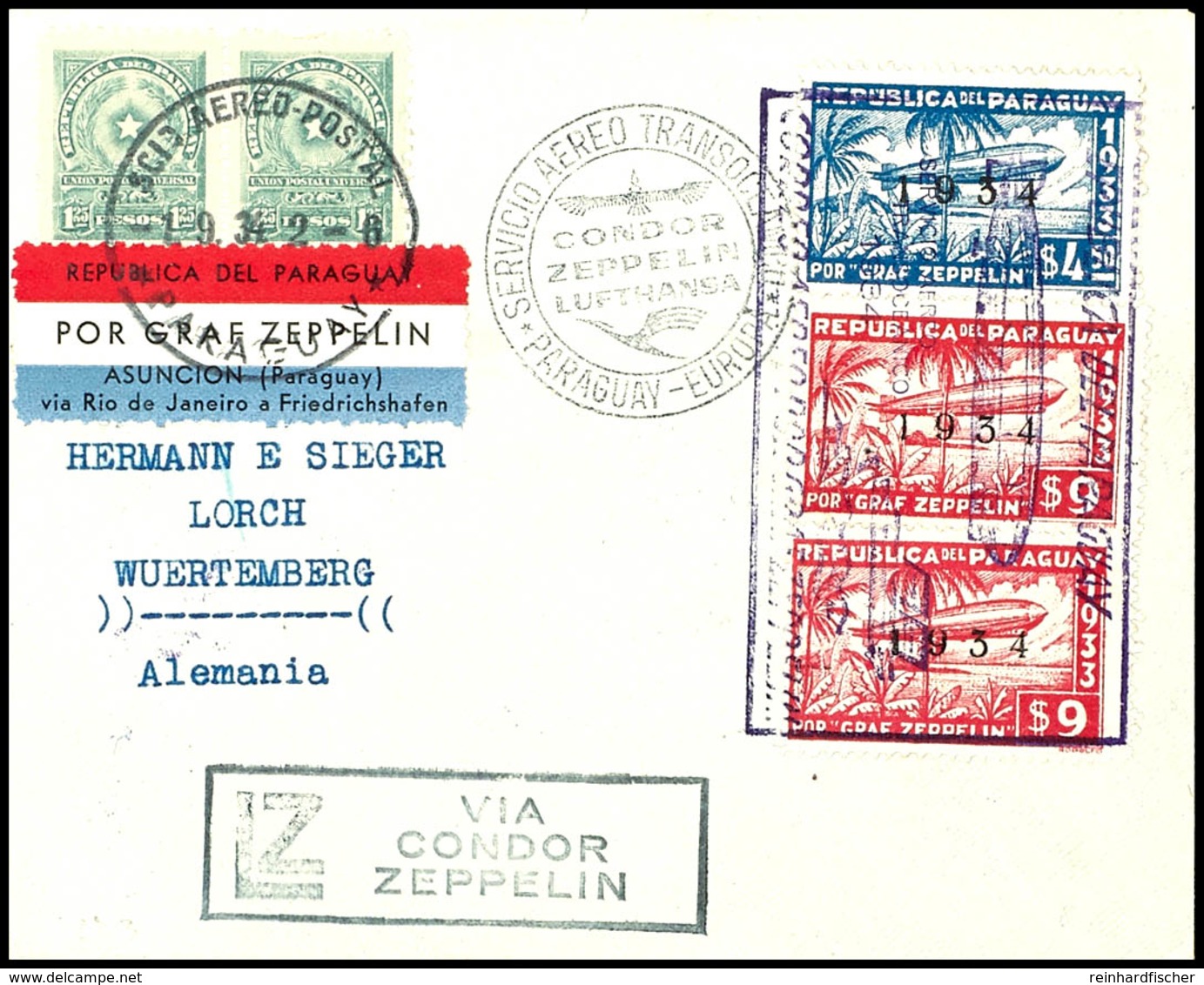 1934, 7. Südamerikafahrt, Paraguayische Post, Brief Mit U.a. 4,50 P. Und 9 P. (2) Zeppelinmarken 1934 Sowie Allen Stempe - Altri & Non Classificati