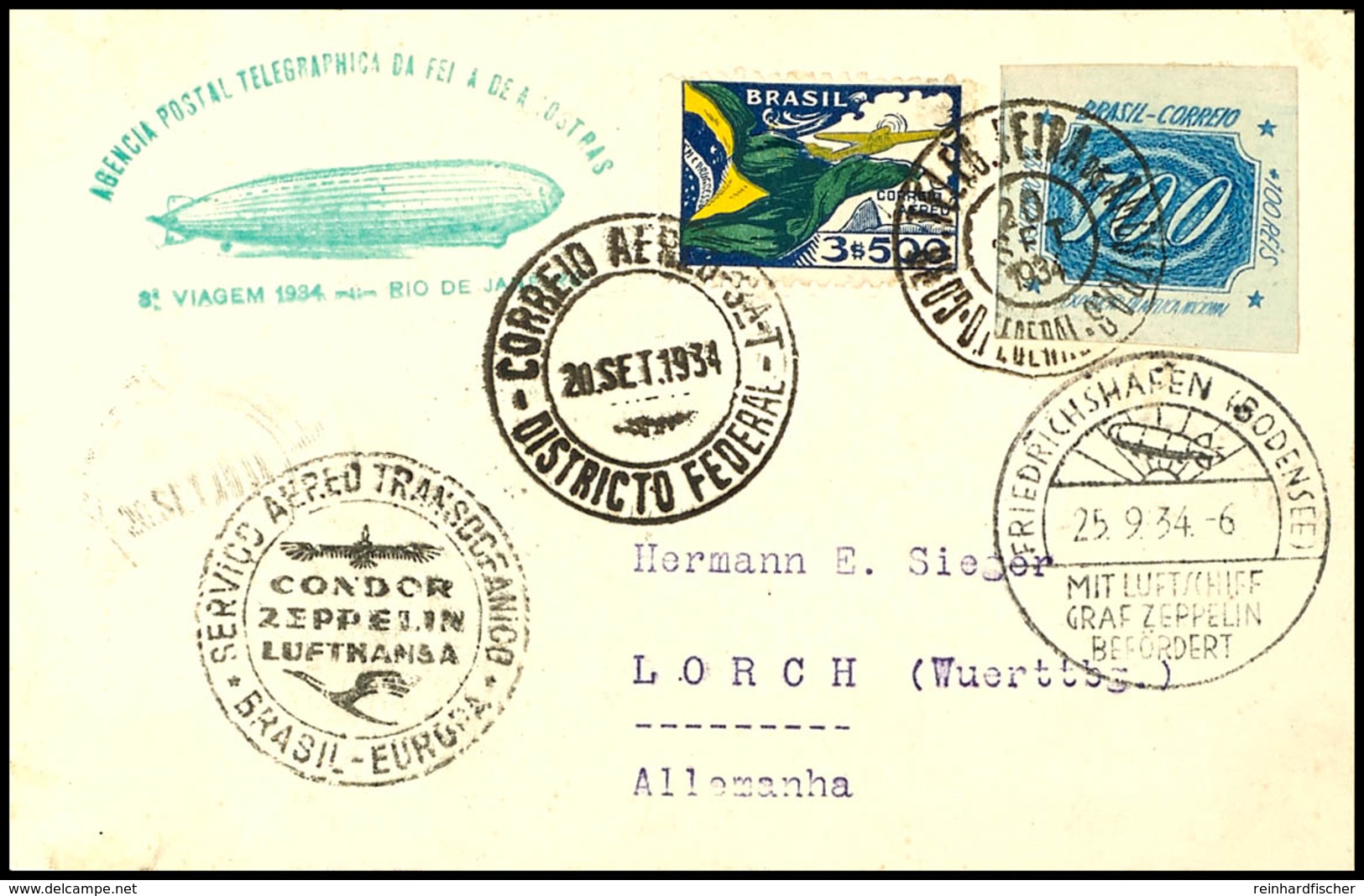 1934, 8. Südamerikafahrt, Brasilianische Post Mit Auflieferung Messepostamt, Karte Aus RIO DE JANEIRO 20.SET. Mit Grünem - Other & Unclassified