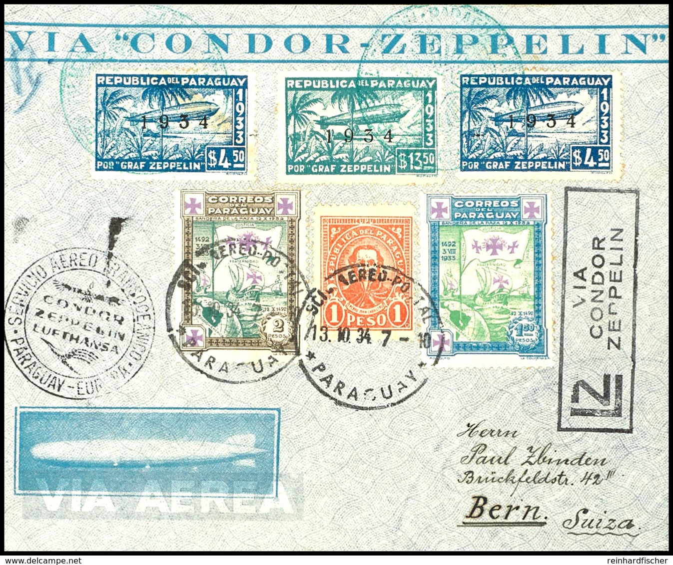 1934, 10. Südamerikafahrt, Paraguayische Post, R-Brief Mit U.a. 4,50 P. (2) Und 13,50 P.  Zeppelinmarken 1934 Sowie Alle - Altri & Non Classificati