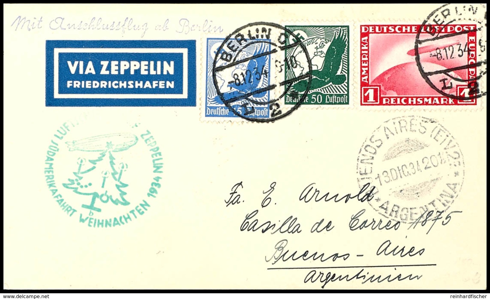 1934, 12. Südamerikafahrt (Weihnachtsfahrt) Mit Auflieferung Berlin, Karte Aus BERLIN 8.12. Mit U.a. 1 RM Zeppelin Nach  - Other & Unclassified