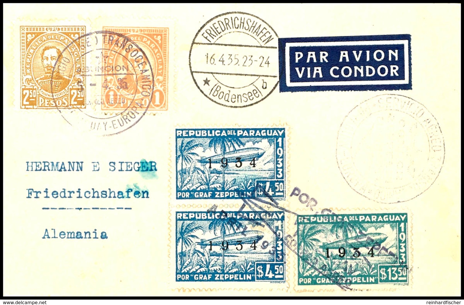 1935, 1. Südamerikafahrt, Paraguayische Post, R-Karte Mit U.a. 4,50 P. (2) Und 13,50 P. Zeppelinmarken 1934 Sowie Allen  - Altri & Non Classificati