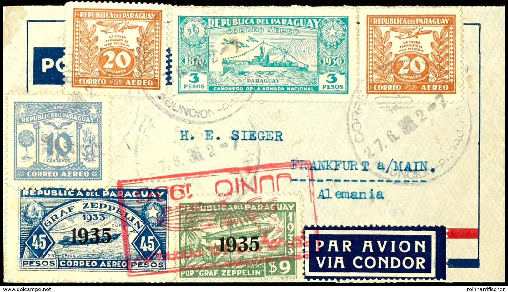 1936, 7. Südamerikafahrt, Paraguayische Post, R-Brief Mit U.a. 9 P. Und 45 P. Zeppelinmarken 1935 Sowie Allen Stempeln N - Altri & Non Classificati