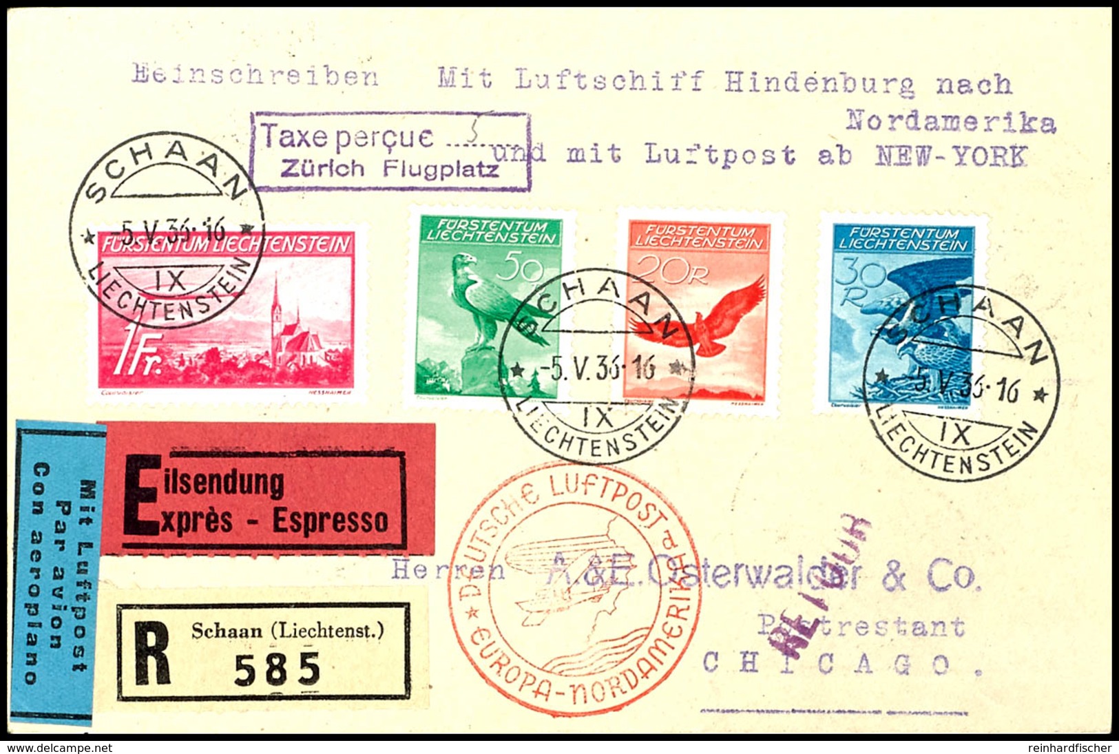 1936, 1. Nordamerikafahrt, Liechtensteinische Post, R-Eilboten-Brief Aus SCHAAN 5.V. Mit  1 Fr. Sondermarke Und Drei Flu - Other & Unclassified