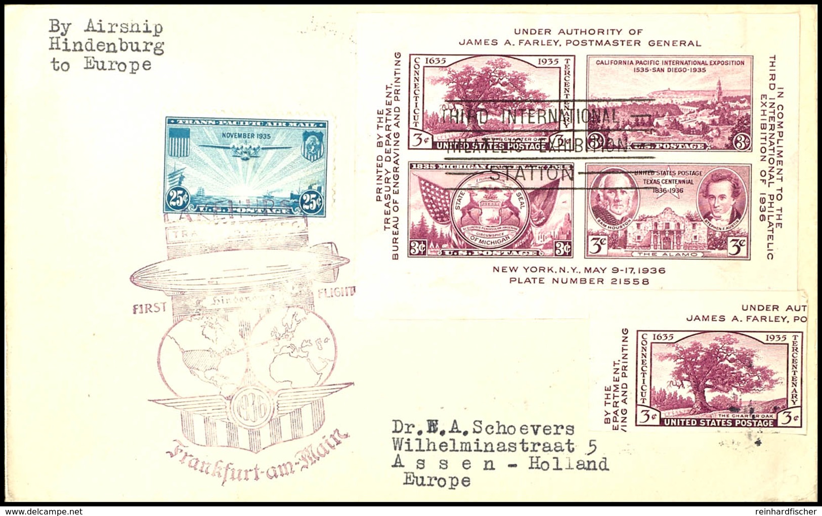 1936, 1. Nordamerikafahrt, Amerikanische Post, Brief Mit Tipex-Block Und Maschinenankunftsstempel Von Friedrichshafen, P - Other & Unclassified